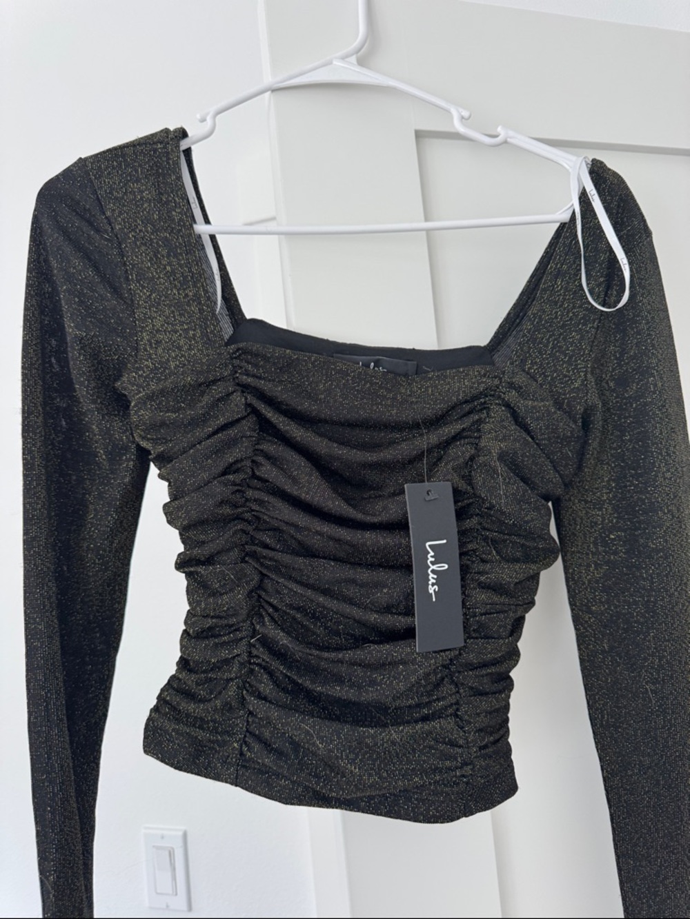 Lulu's Black with Gold Shimmer Ruched Long-Sleeve Square Neck Top